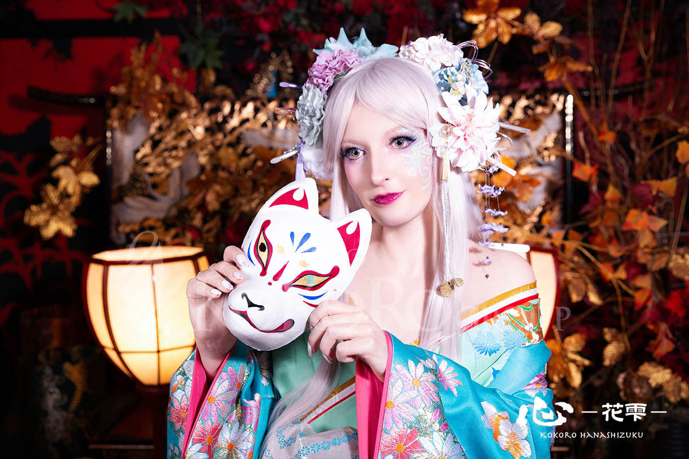 Oiran makeover with face painting and white wig at Kyoto photo studio
