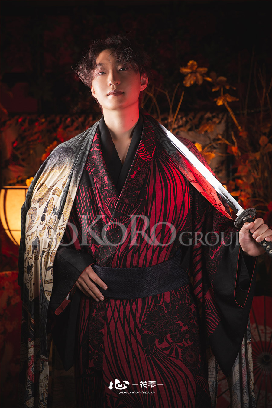 Men’s Sharaku photoshoot with dark hair and makeup styling